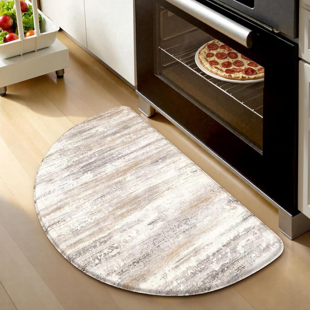 KIMODE Kitchen Mats for Floor Anti Fatigue, 18"x28" Half Round Cushioned Kitchen Floor Mat, Ergonomic Waterproof Standing Mat, Boho Kitchen Rug Non Skid for Sink Laundry Office Desk Light Brown