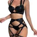 Lilosy Sexy Strappy Underwire Push Up Garter Belt Women Lingerie Set Harness Cutout Outfits Matching Bra Panty 3 Piece (Medium, Black)