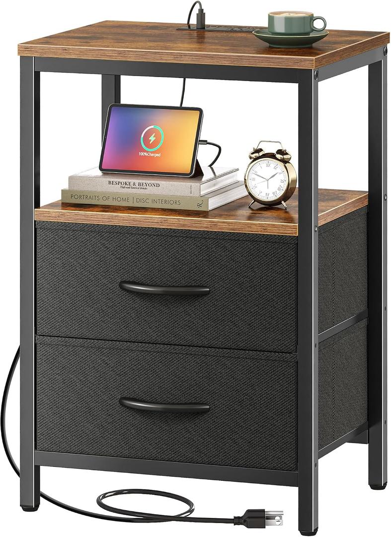 Huuger Nightstand with Charging Station, Side Table with Fabric Drawers, End Table with Open Shelf, Bedside Table with USB Ports and Outlets, Night Stand for Bedroom, Rustic Brown and Black, 11.8"D x 15.7"W x 23.6"H