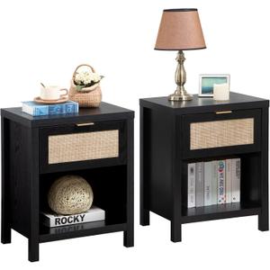 SICOTAS Rattan Night Stands Set of 2, Farmhouse Nightstand Bedside Table with Drawer and Storage Shelf, Boho End Side Table for Bedroom, Small Space, Black Oak