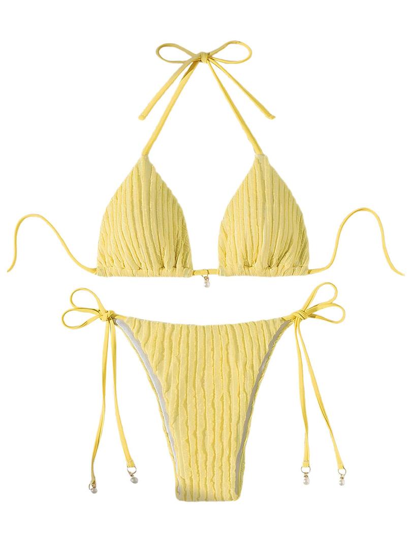 Verdusa Women's 2 Piece Textured Halter Bikini Set Self Tie Triangle String Swimsuit Summer Beachwear Yellow Medium