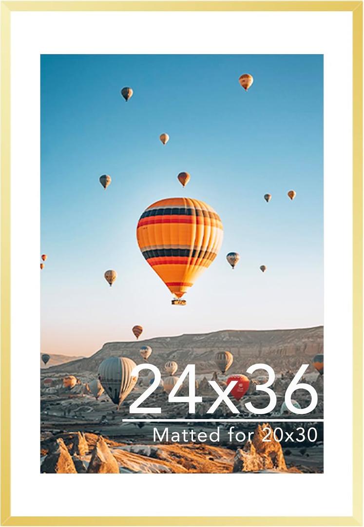 JCJMY 24x36 Picture Frame with 20x30 Mat, Display Photo 20x30 with Mat or 24 x 36 Without Mat, Wall Hanging Large 24 by 36 Poster Frame with Plexiglass, Gold