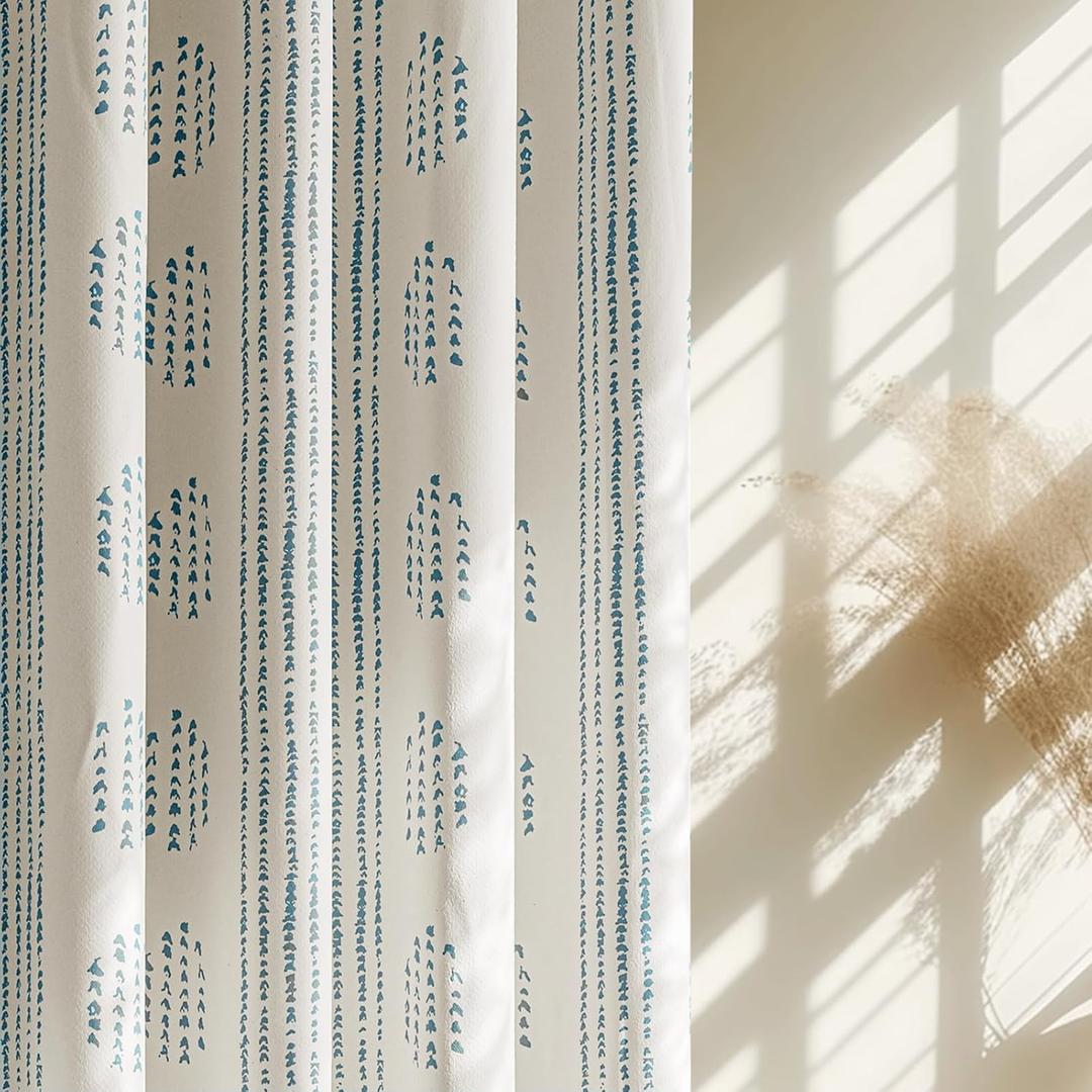 100% Boho Blackout Curtains 63 Inches Long for Bedroom, Blue on Beige Patterned Bohemian Curtains for Living Room, Geometric Striped Thermal Insulated Window Drapes Gromment Top 2 Panels