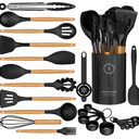 Silicone Cooking Utensils Set - AVGPD Silicone Kitchen Utensils for Cooking Wooden Handles, 446°F Heat Resistant Kitchen Utensil Spatula Sets, Gadgets for Non-Stick Cookware BPA FREE (Black)