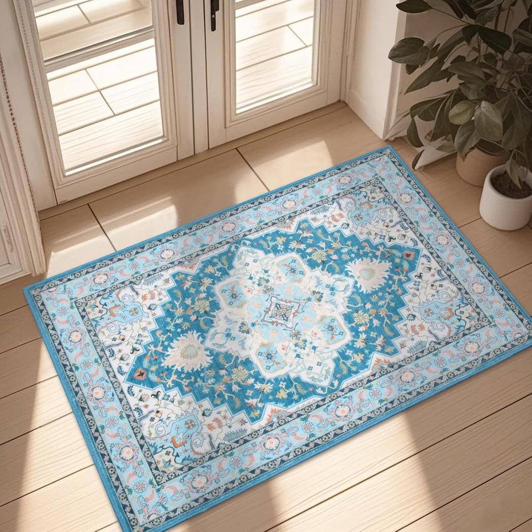 WILLSUN Washable Area Rugs, 2x3 Non-Slip Boho Small Area Rugs for Entryway, Kitchen, Bathroom, Machine Washable Vintage Rug, Indoor Floral Print Carpet for Home Decor, Kid & Pet Friendly Mat (Blue)