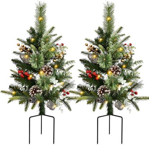 2 Pack Outdoor Christmas Trees for Porch，Lighted Artificial Christmas Urn Fillers, Battery-Powered LED Lights, Tripod Stakes for Holiday Porch Decorations on Porches, Patios,urn filler,and Flower Beds