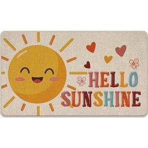 Hello Sunshine Welcome Front Door Mat, Cute Sun Love Heart Decorative Doormat Non-Slip Floor Entryway Rug, Spring Summer Low Profile Indoor Outdoor Home Kitchen Decoration 17x29 Inches