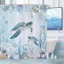Sea Turtle Shower Curtain, Teal Blue Ocean Beach Coastal Turtle Starfish Jellyfish Underwater Creatures Bathroom Curtain Waterproof Fabric Machine Washable with Hooks, 72" Wx72 L