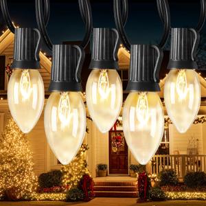 C9 Clear Christmas String Light, 50 Ft Vintage Christmas Tree Lights, Outdoor Waterproof Roofline String Lights with 50 Clear Bulbs for Patio Garden Holiday Indoor Wedding Home Decoration, Black Wire