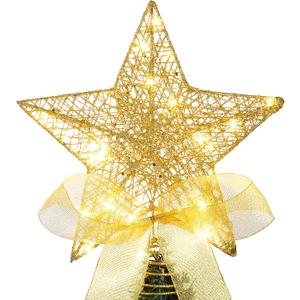 Sumind 9.8 x 11.8 Inch Christmas Star Tree Topper Glittered Star Metal Plug in Treetop Ornaments with Bow and 30 LED String Light for Christmas Tree Indoor Holiday Party Decoration(Gold)