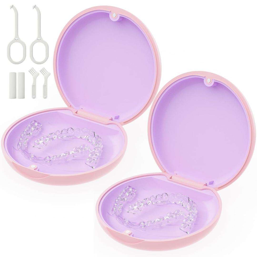2 Pack Retainer Case, Magnetic Aligner Case Compatible with Invisalign, Portable Slim Orthodontic Storage Kit for Clear Aligners - Pink