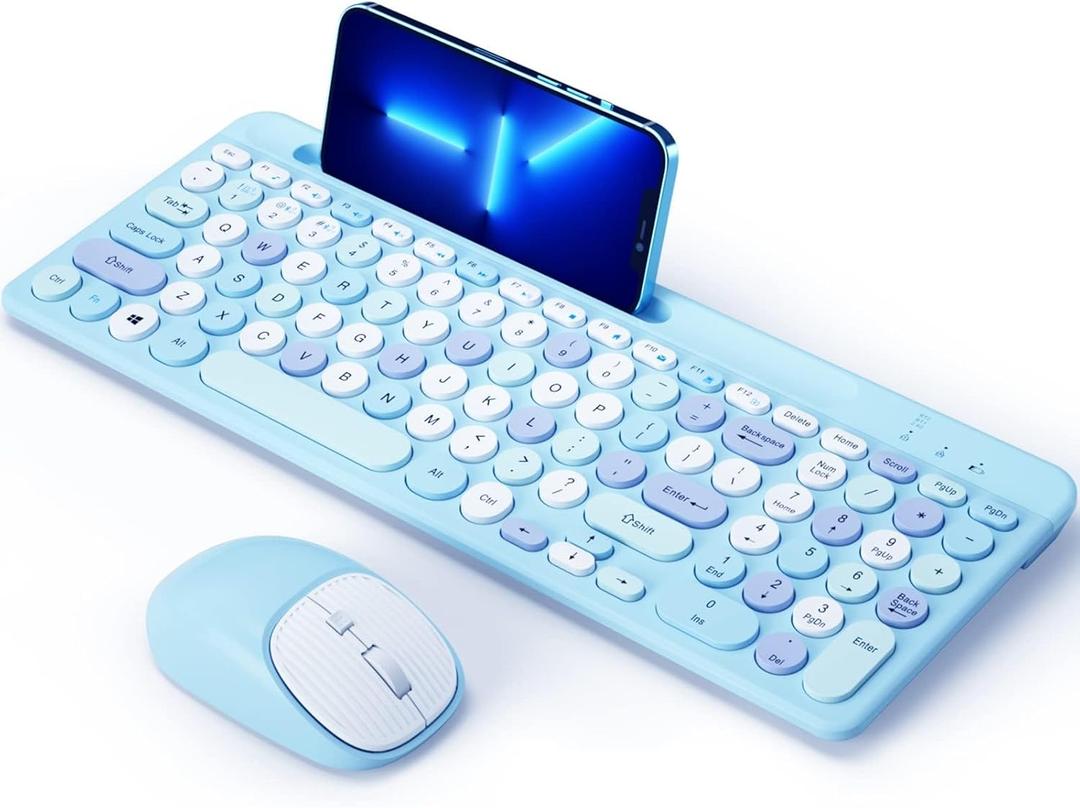 Bluetooth Keyboard and Mouse Wireless, MultiDevice Rechargeable Keyboard and Mouse Combo with Phone Holder (Bluetooth 5.0+3.0+2.4GHz) Quiet Ergonomic Compatible with Mac/Windows/iOS/Android (Blue)