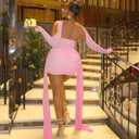 Womens Sexy Strapless Bandage Tube Top Mini Dress Mesh Halter Long Sleeves Ruched Bodycon Cocktail Birthday Slim Short Dress (Pink, XL)
