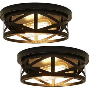 2 Pack Flush Mount Ceiling Light Fixtures, 2-Light Industrial Vintage Matte Black Metal Cage Light Fixtures Ceiling Mount for Farmhouse, Kitchen, Hallway, Entryway, Bedroom