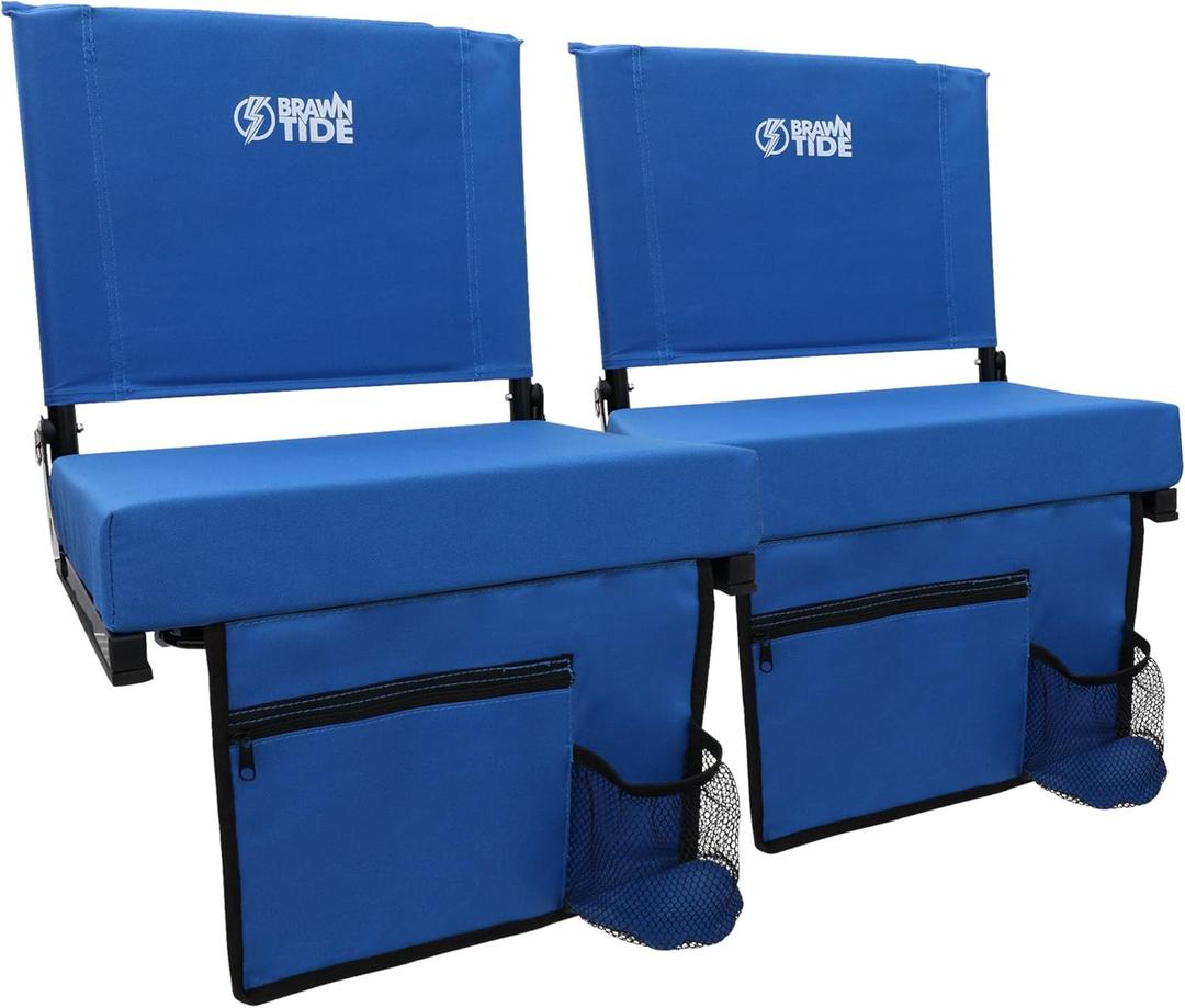 BRAWNTIDE Wide Stadium Seat - Extra Thick Cushion, Great Back Support, Lightweight Chair, Multiple Storage Pockets, Compact, Ideal for Sporting Events (Blue, 2 Pack)