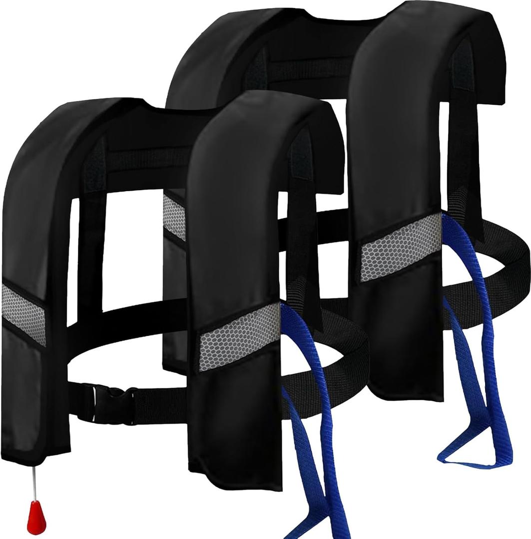 2-Pcs Automatic Inflatable Life Jacket,Adjustable Nylon Swim Vest with CO2 Inflation, Reflective Strips & Safety Buckle,Gas Cylinders Not Included. (Black)