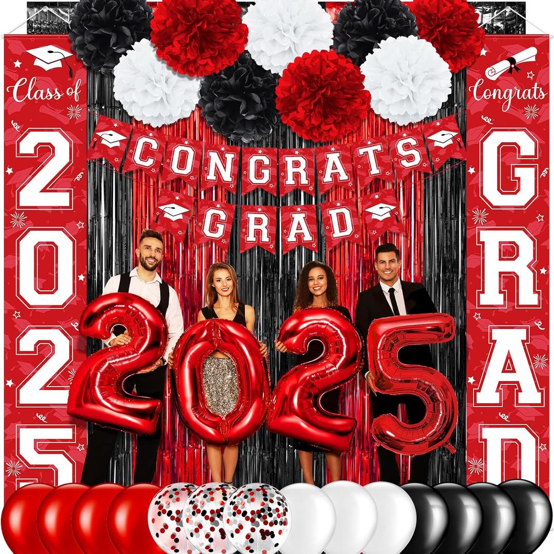 Graduation Party Decorations Class of 2025, Graduation Decorations with Congrats Grad Banner Fringe Foil Curtain Paper Flower Ball Balloons for High School College Grad Party Supplies, Red