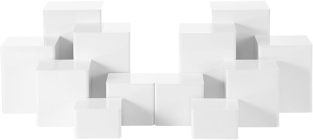 Thyle Jewelry Acrylic Risers Square Cube Display Nesting Risers Figure Stand with Hollow Bottoms Display Stand Shelf for Cosmetics Food Collectibles Perfume, 6 Sizes(White,12 Pcs)