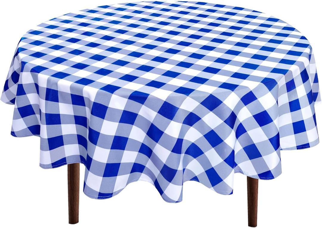 Hiasan Checkered Round Tablecloth 60 Inch - Waterproof Stain and Wrinkle Resistant Washable Fabric Table Cloth for Dining Room Party Outdoor Picnic, Royal Blue and White