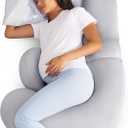 Momcozy Cooling Pregnancy Pillow,Original F Shaped Maternity Pillow for Pregnant Women with Adjustable Wedge Pillow, Full Body Support Pregnancy Pillows for Side Sleeping with Velvet Cover, Light Grey