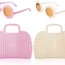 4 Pcs Kids Girls Women Plastic Tote Jelly Bags - Jelly Purse Beach Bag - 2 Pcs Flower Sunglasses - Reusable Gift Basket for Summer Bridal Beach Party Shopping Trip