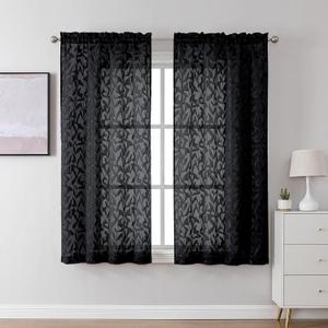 Lecloud Leia Black Sheer Curtains for Bedroom Decor 45 Inch Length 2 Pcs, Jacquard Leaf Textured Dual Rod Pocket Living Room Curtains, Light Filtering Farmhouse Drapes, Each Panel 28" W x 45" L
