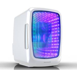 Frigidaire Gaming Light Up Mini Beverage Refrigerator, 6 can, 4 liters, Cooler with large see through door and LED lights Perfect for Gaming Experience, Home, Office, or Cars.12V Charger (White)