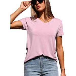Abardsion 2025 Summer V Neck T Shirts for Women Trendy Outfits Loose Fitted Elegant Blouses Tops (L)