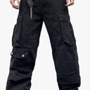 Mens Goth Baggy Cargo Jeans with Pockets Steampunk Patchwork Embroidery Wide Leg Denim Pants - Size Large