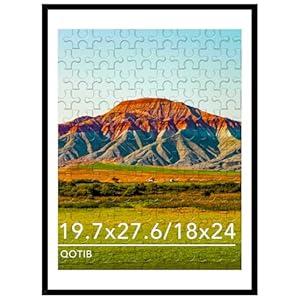 QOTIB Wood 19.7x27.6 Puzzle Frame with 18x24 Mat Black, Display 18x24 with Mat or 19.7x27.6 Without Mat, Wood 50x70 cm 19.7 by 27.6 Photo Frame, 19.7 x 27.6 Frame for Wall Hanging Display, Black