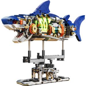 Mechanical Shark Building Set with LED Light, 687 PCS Movable Ocean Animal with Display Stand, Sea Fish Building Block Toy, Home Decor Gift for Adults Teens Kids Boys Ages 12+