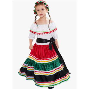 ReneeCho Mexican Dress for Girls Halloween Costume Kids Traditional Senorita Blouse Flamenco Dance Skirt. Size Large