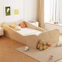 JOYMOR Toddler Bed, Floor Bed with Safety Guadrail, Montessori Toddler Bed with Animal Ear Shapes, Soft Velvet Wood Bed for Infant, Kids, Mattress not Included (Beige), Standard Crib