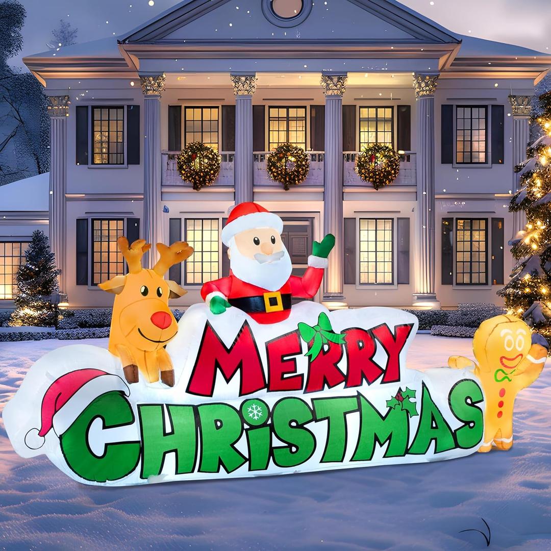 Joiedomi 9.5 FT Christmas Inflatable Merry Christmas Sign with Santa, Reindeer & Gingerman, LED Lit for Outdoor Yard Garden Lawn Winter Decor