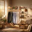 Baveke Bamboo Clothing Garment Rack Frame Made of FSC-Certified Bamboo, 7 Tier Storage Shelf Coat Clothes Hanging Rack, Portable Wardrobe Closet Organizer, Shoe Storage Shelves for Bedroom, Natural