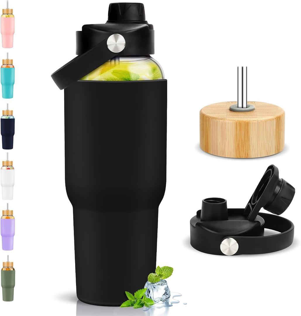 PROBTTL 40 oz Glass Tumbler with Handle  Sports Clear Borosilicate Glass Water Bottle with Straw, Silicone Sleeve, 2 Lids  Handle Spout & Bamboo Straw Lid, Fits Car Cup Holder, Leakproof (Black)