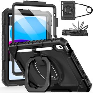 Cantis Case for iPad (A16) 11th/ 10th Generation 11/ 10.9 Inch 2025/ 2022, Shockproof Case for iPad 11 with Screen Protector/ Rotating Stand/ Adjustable Shoulder Strap/ Pen Holder, Black
