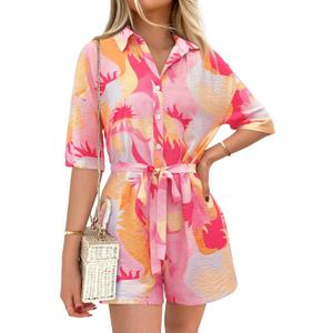 PRETTYGARDEN Womens Rompers for Summer 2025 Beach Vacation Clothes Short Sleeves Floral Jumpsuits Beach Cover Up (XL)