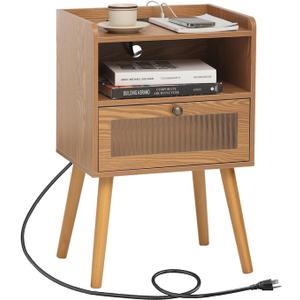 AWASEN Mid Century Nightstand with Charging Station, Modern Bedside Table with Glass Decorative Drawer, Small End Side Table with 2 Tiers Storage for Bedroom, Office and Small Space (Brown)