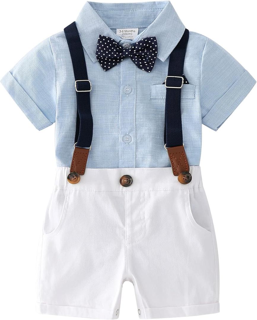 Baby Boys Gentleman Outfits Suits, Infant Shirt+Shorts+Bow Tie+Suspenders Clothes Set (6-9 Months, Light Blue + White)