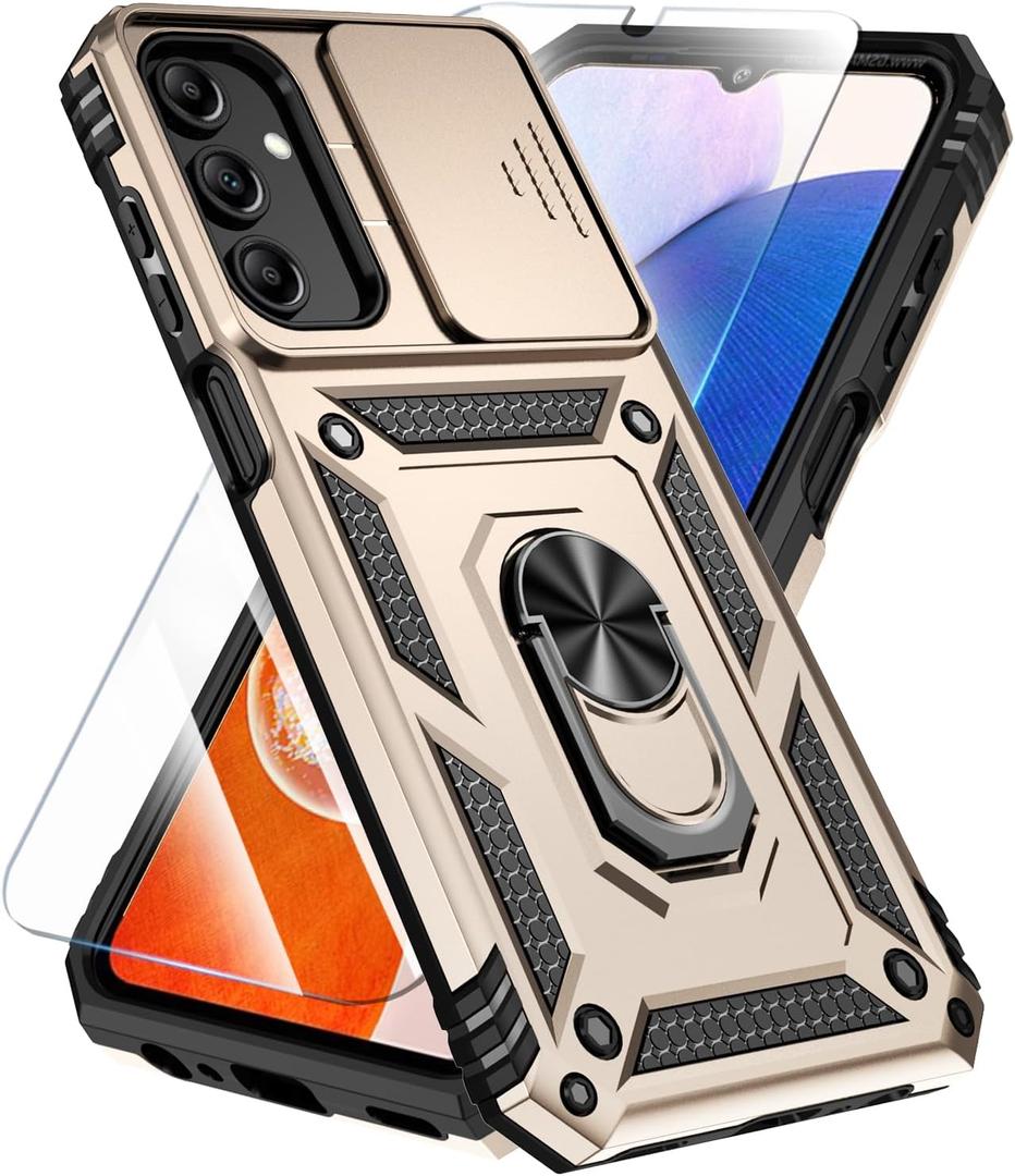 SunStory Phone Case Compatible with Samsung Galaxy A16 5G Case with HD Screen Protector & Slide Camera Cover & Rotated Ring Kickstand, [Shockproof] Dual Layers Phone Case for Samsung A16 (Gold)