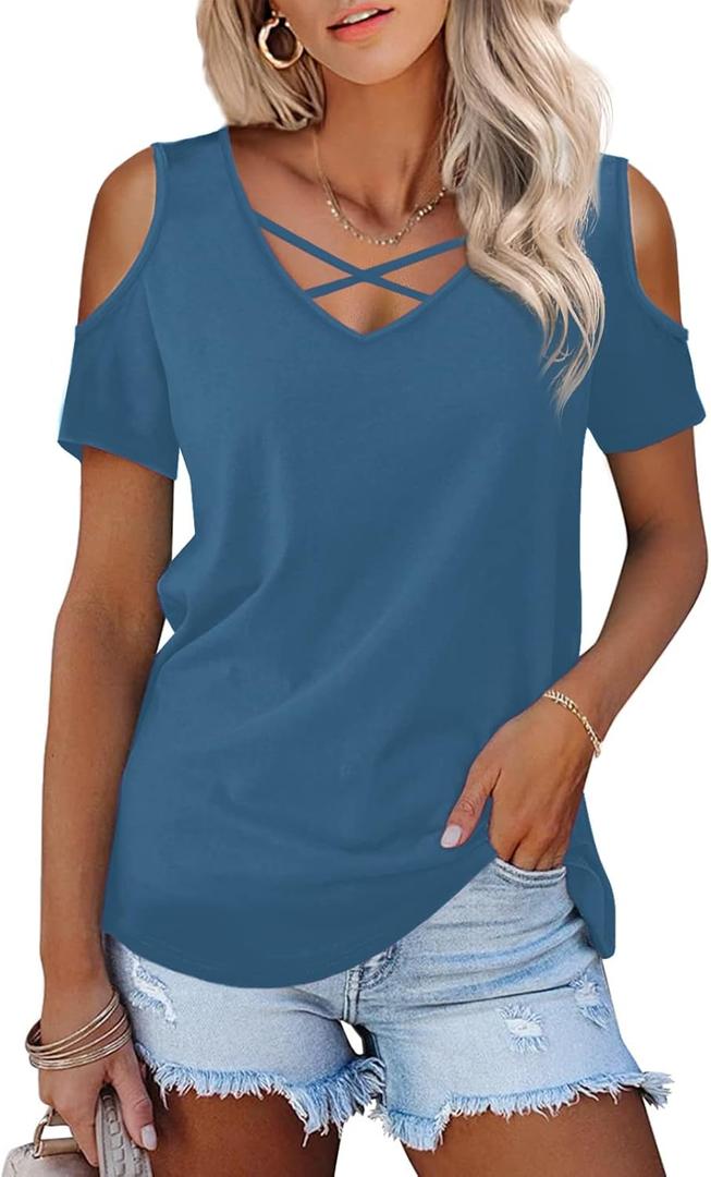 Amoretu Womens Summer Shirts V Neck Criss Cross Cold Shoulder Tops Blouse (Blue, L)