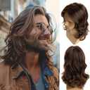 Long Brown Wigs for Men Synthetic Layered Wavy Cosplay Party Wig