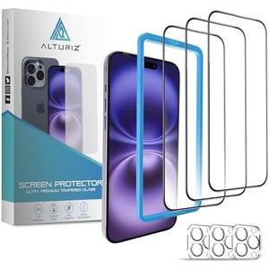 ALTURIZ 3 Screen Protectors for iPhone 15 Pro [6.1 inch] + 3 Camera Lens Protectors with Easy Installation Frame. [9H Hardness] Bubble-Free, Case Friendly, Tempered Glass, Full Coverage, Shatterproof [3+3 Pack]