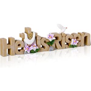 Maitys He is Risen Table Top Decoration Christian Resin Sign Cross Dove Flowers Easter Table Decor Centerpieces Decorations for Home Dining Room Spring(Natural)
