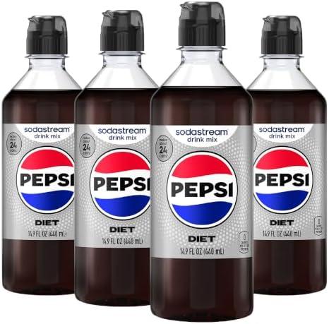 SodaStream Diet Pepsi Drink Mix, 4 Pack Cola Syrup for Sparkling Water Makers, Real Taste Diet Pepsi Syrup, Control Your Fizz with Sodastream Flavors, 4 x 14.9 Fl Oz (440ml) Makes about 96 Drinks Per Pack. Exp. 03/29/2027