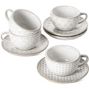LE TAUCI Espresso Cups with Saucers 3 oz, Ceramic Embossment Coffee Cup for Double shot, Lungo, Ristretto,Dishwasher Safe - Set of 4, Arctic white