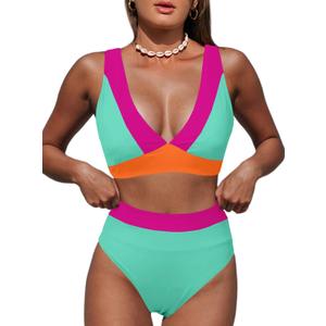 Hilinker Women's Leopard Bikini Swimsuits V Neck High Waisted 2 Piece Bathing Suits (M)