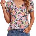 KIFOVEN Womens Summer Tops Short Sleeve V Neck Flora Tee Loose Fit Tunic T Shirt Blouse Red Print Small (S)