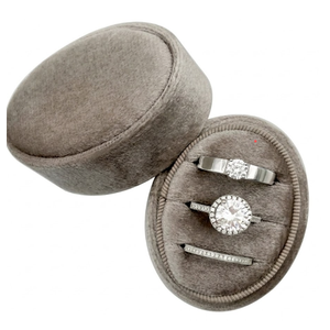 Velvet Oval Ring Box 3 Slots - Premium Wedding Three Rings Box Vintage Handmade Storage Jewelry Organizer for Proposal, Engagement, Wedding Ceremony, Christmas (Brown Beige)